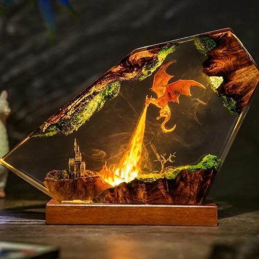 Fire Breathing Dragon Resin Lamp, Handmade Epoxy Diorama Light, Flying Dragon Castle Fantasy Decor