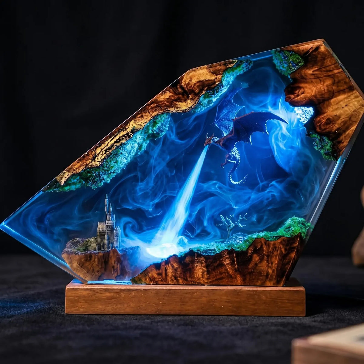 Fire Breathing Dragon Resin Lamp, Handmade Epoxy Diorama Light, Flying Dragon Castle Fantasy Decor