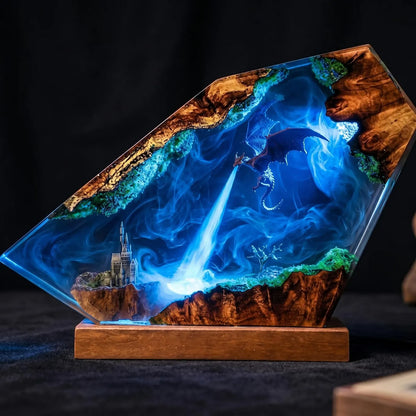 Fire Breathing Dragon Resin Lamp, Handmade Epoxy Diorama Light, Flying Dragon Castle Fantasy Decor