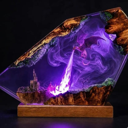 Fire Breathing Dragon Resin Lamp, Handmade Epoxy Diorama Light, Flying Dragon Castle Fantasy Decor