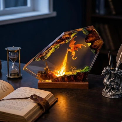 Fire Breathing Dragon Resin Lamp, Handmade Epoxy Diorama Light, Flying Dragon Castle Fantasy Decor