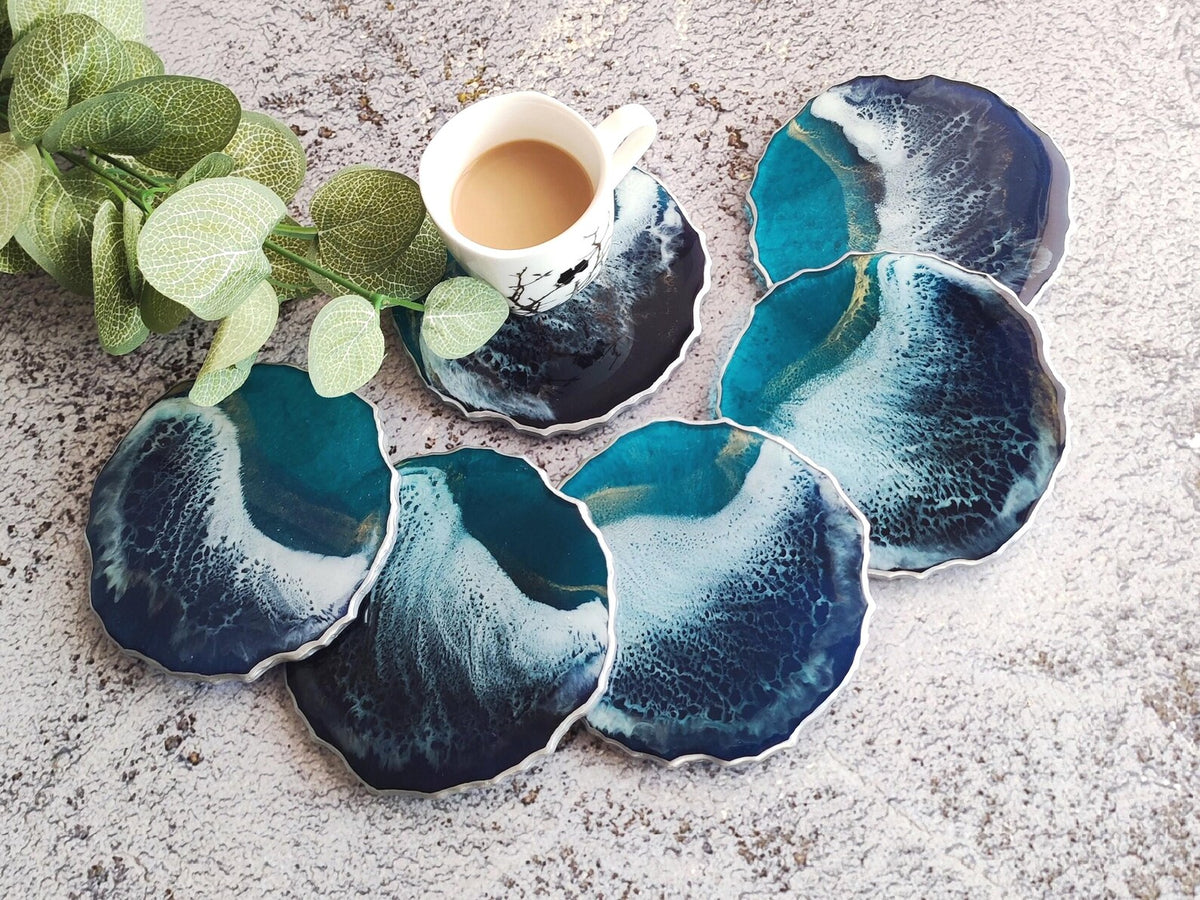 Ocean Resin Coasters, Handmade Coastal Drink Coasters, Beach House Decor, Blue Wave Table Accessories Set