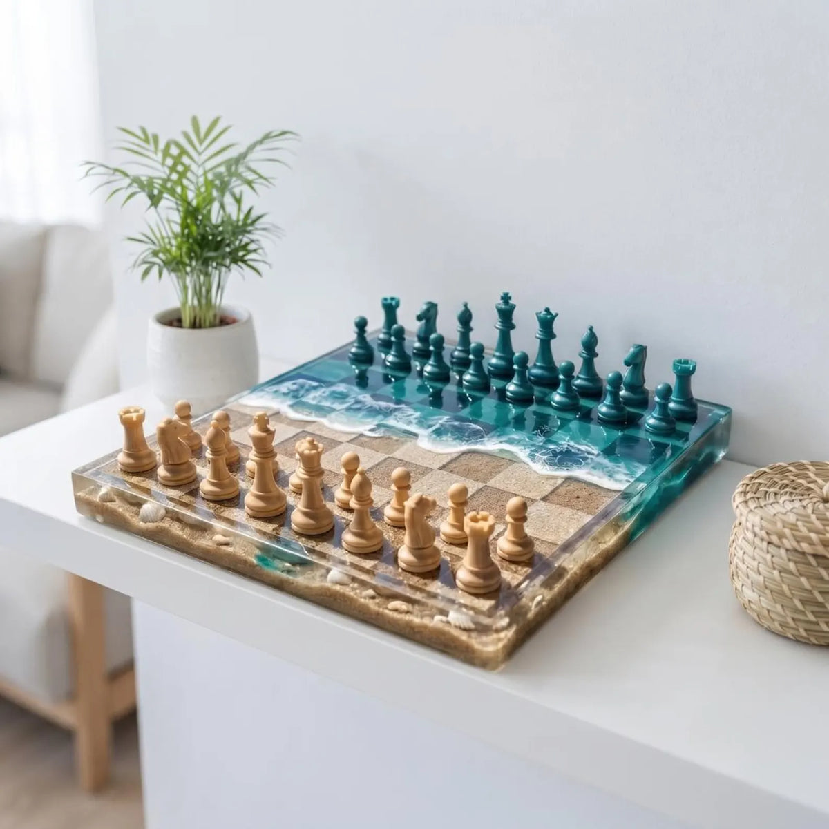 Luxury Ocean Resin Chess Set with Handcrafted Blue Epoxy Board and Natural Wood Details