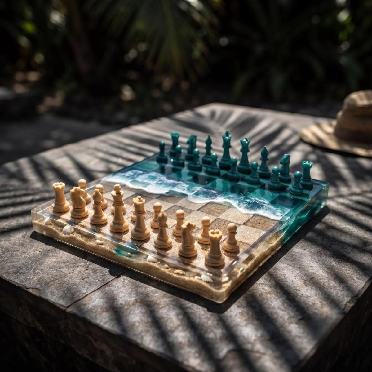 Luxury Ocean Resin Chess Set with Handcrafted Blue Epoxy Board and Natural Wood Details