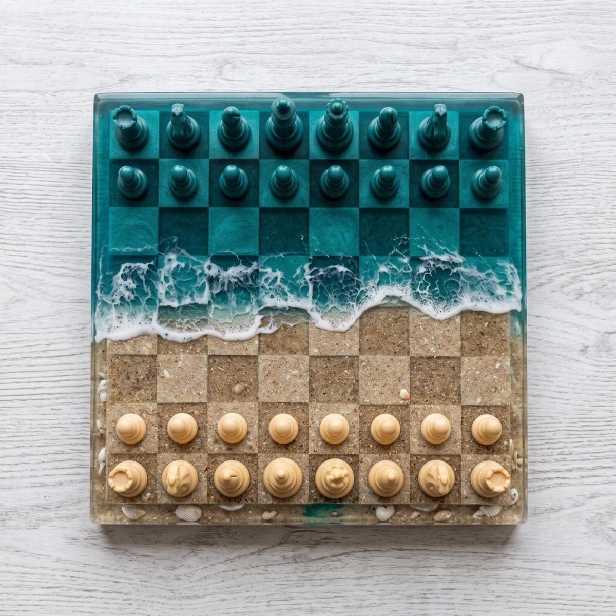 Luxury Ocean Resin Chess Set with Handcrafted Blue Epoxy Board and Natural Wood Details