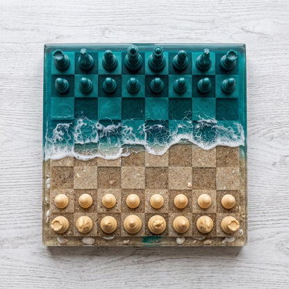 Luxury Ocean Resin Chess Set with Handcrafted Blue Epoxy Board and Natural Wood Details