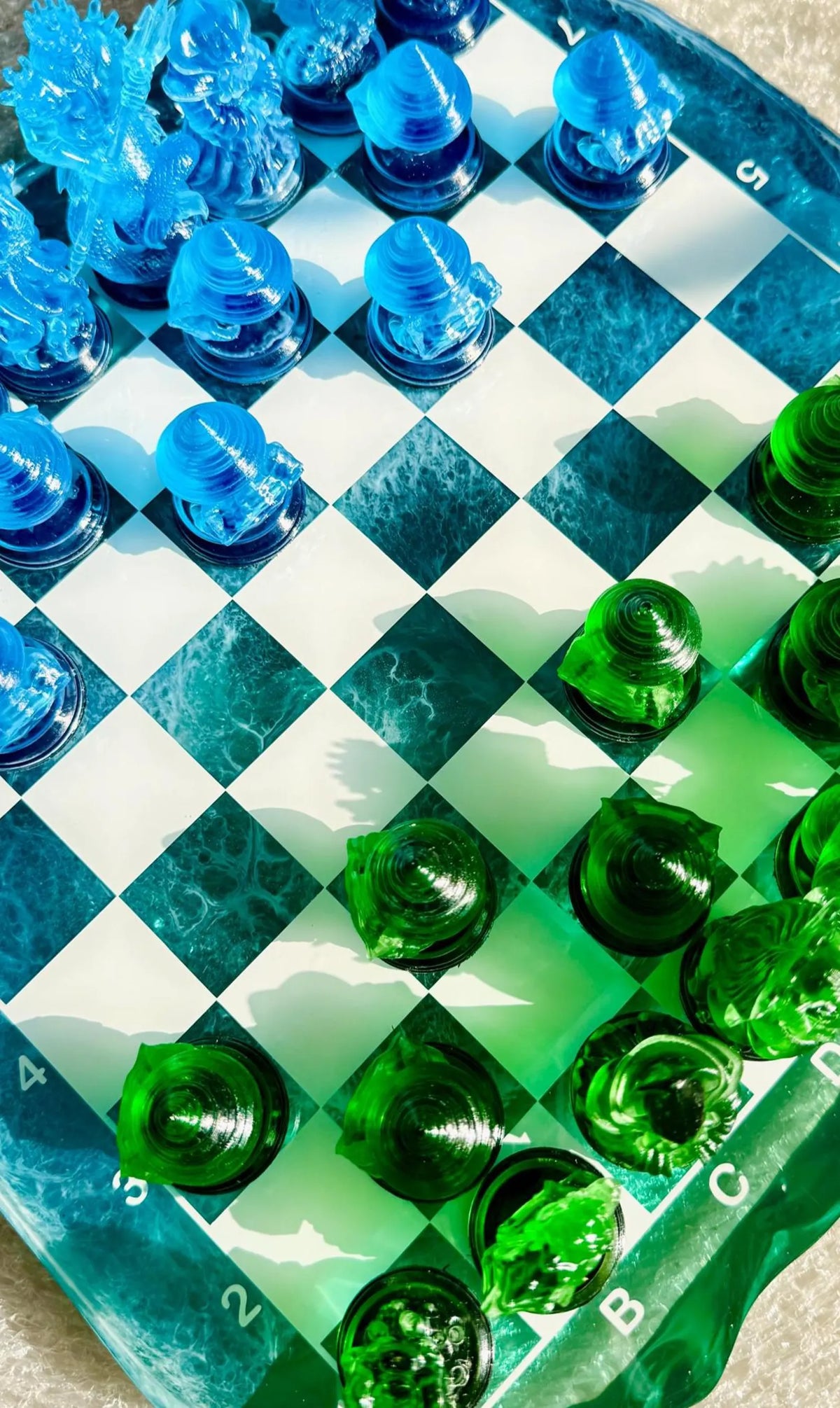 Ocean Iceberg Resin Chess Set with Mermaid Pieces Handmade Wave Board Coastal Design