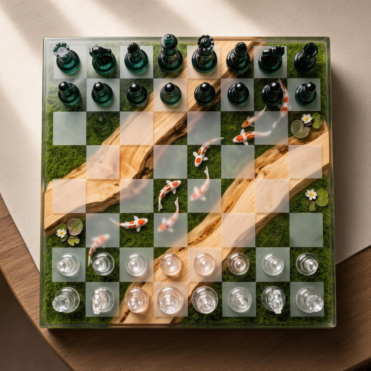 Handmade Koi Pond Resin Chess Set with Moss Wood and Nature Inspired Artistic Board