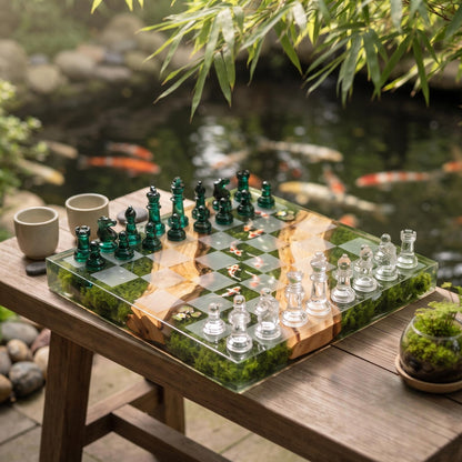 Handmade Koi Pond Resin Chess Set with Moss Wood and Nature Inspired Artistic Board