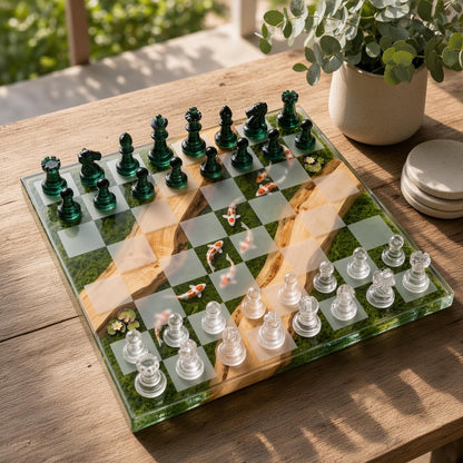 Handmade Koi Pond Resin Chess Set with Moss Wood and Nature Inspired Artistic Board