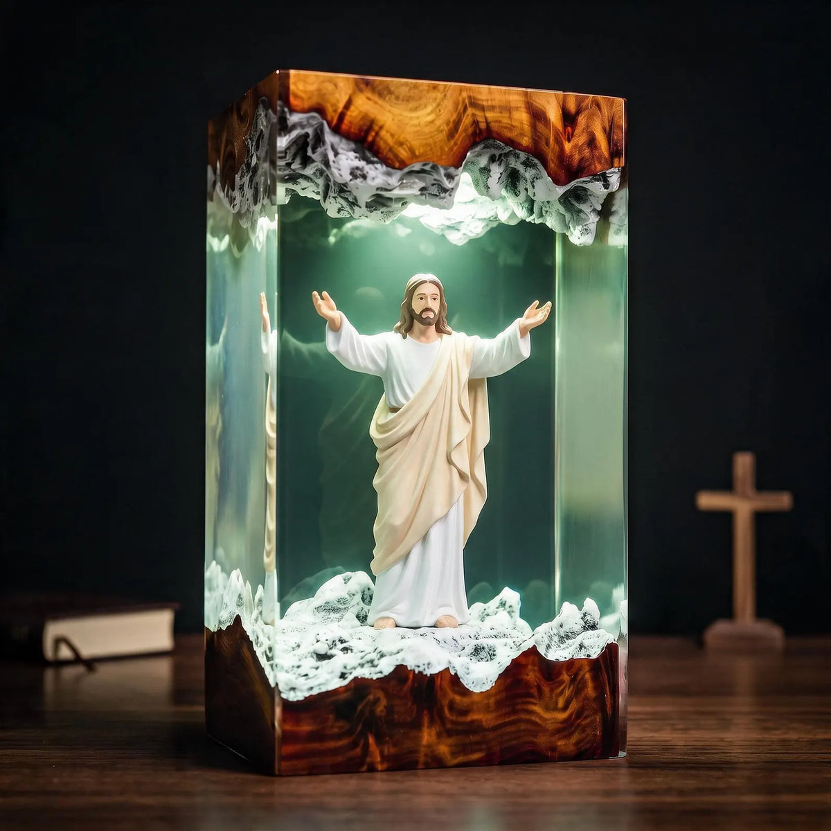 Jesus Winter Resin Lamp – Christian Snowy Scene Night Light