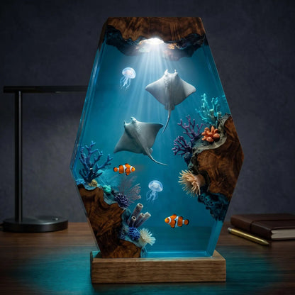 Manta Ray Resin Lamp, Handmade Ocean Night Light, Coral Reef Epoxy Wood Table Decor