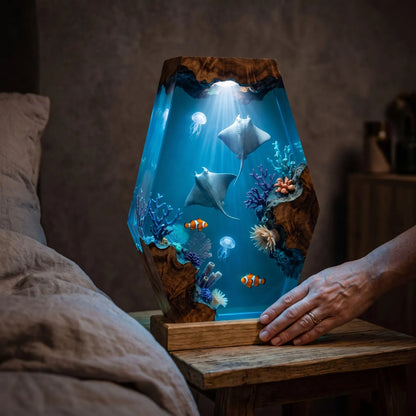 Manta Ray Resin Lamp, Handmade Ocean Night Light, Coral Reef Epoxy Wood Table Decor