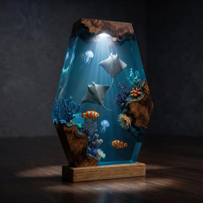 Manta Ray Resin Lamp, Handmade Ocean Night Light, Coral Reef Epoxy Wood Table Decor