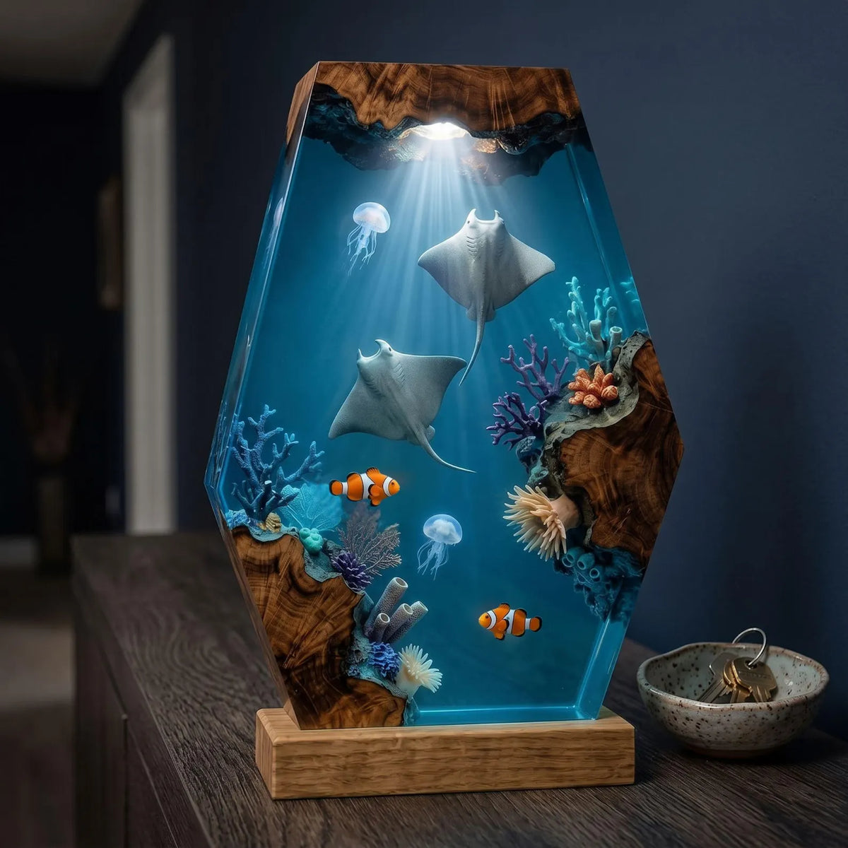 Manta Ray Resin Lamp, Handmade Ocean Night Light, Coral Reef Epoxy Wood Table Decor