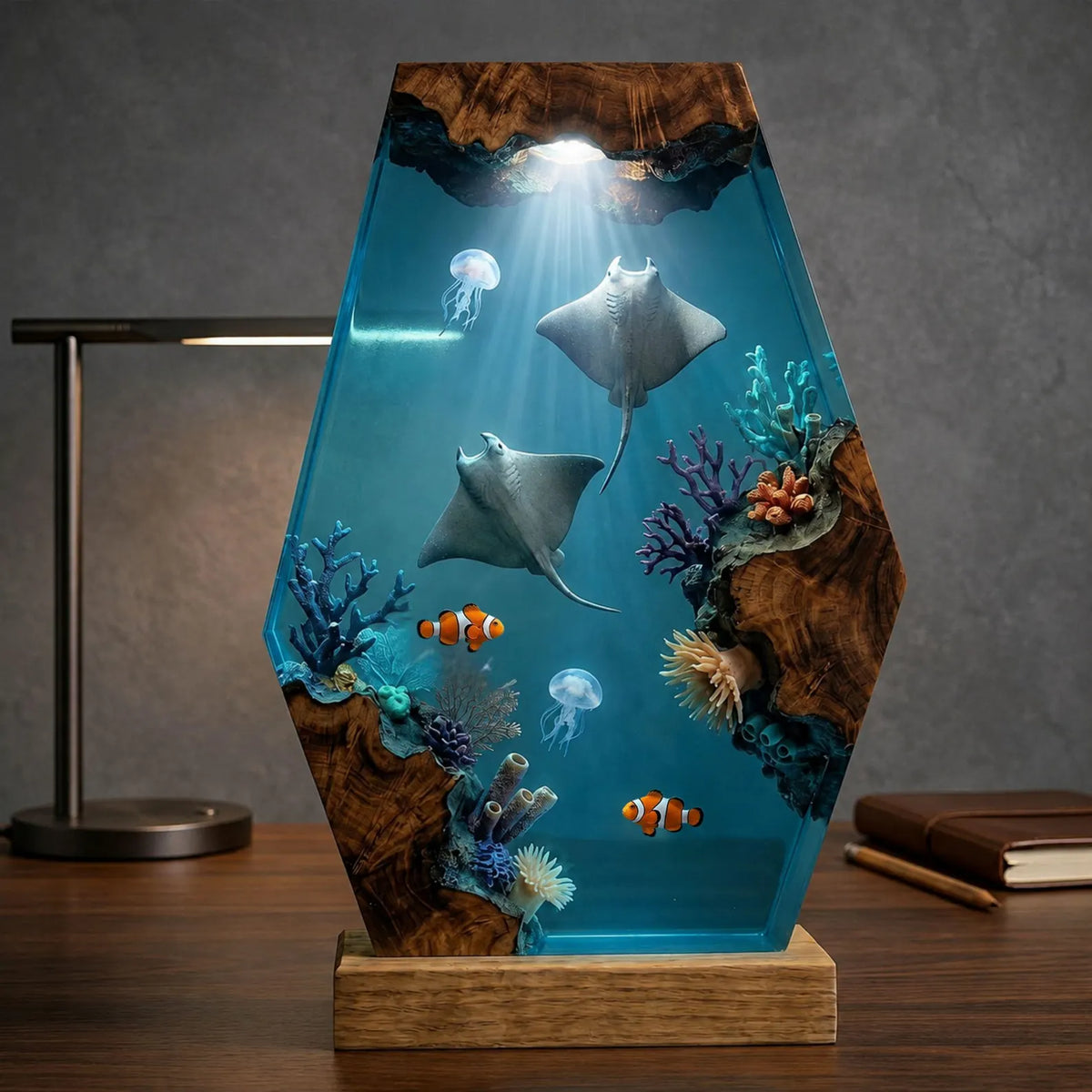 Manta Ray Resin Lamp, Handmade Ocean Night Light, Coral Reef Epoxy Wood Table Decor