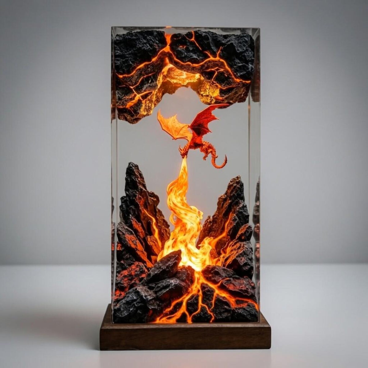 Fire Breathing Dragon Resin Lamp, Volcano Cave Diorama, Fantasy Epoxy Night Light, Gamer Desk Decor