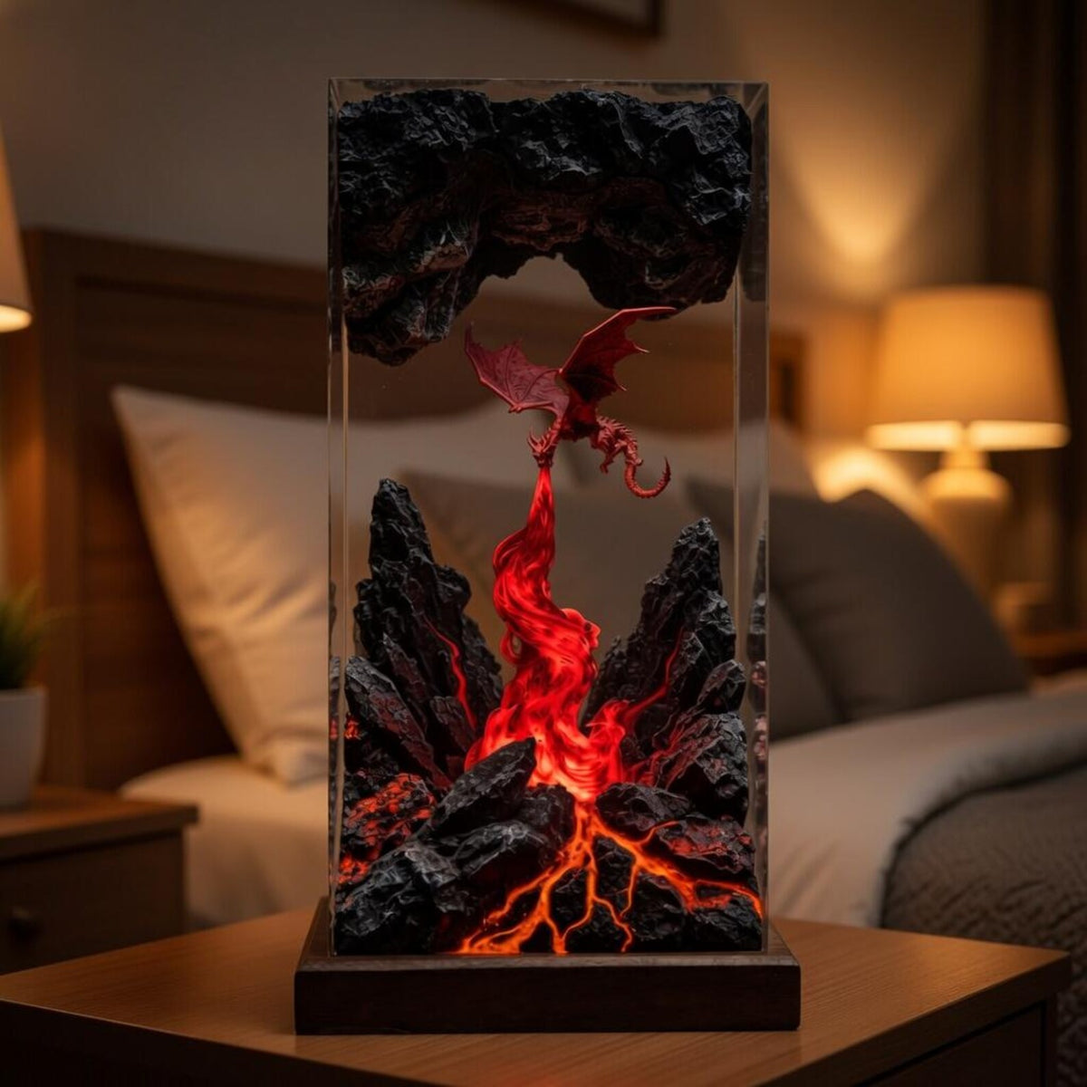 Fire Breathing Dragon Resin Lamp, Volcano Cave Diorama, Fantasy Epoxy Night Light, Gamer Desk Decor