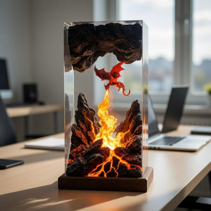 Fire Breathing Dragon Resin Lamp, Volcano Cave Diorama, Fantasy Epoxy Night Light, Gamer Desk Decor
