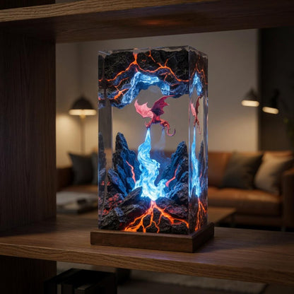 Fire Breathing Dragon Resin Lamp, Volcano Cave Diorama, Fantasy Epoxy Night Light, Gamer Desk Decor