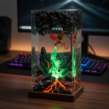 Fire Breathing Dragon Resin Lamp, Volcano Cave Diorama, Fantasy Epoxy Night Light, Gamer Desk Decor