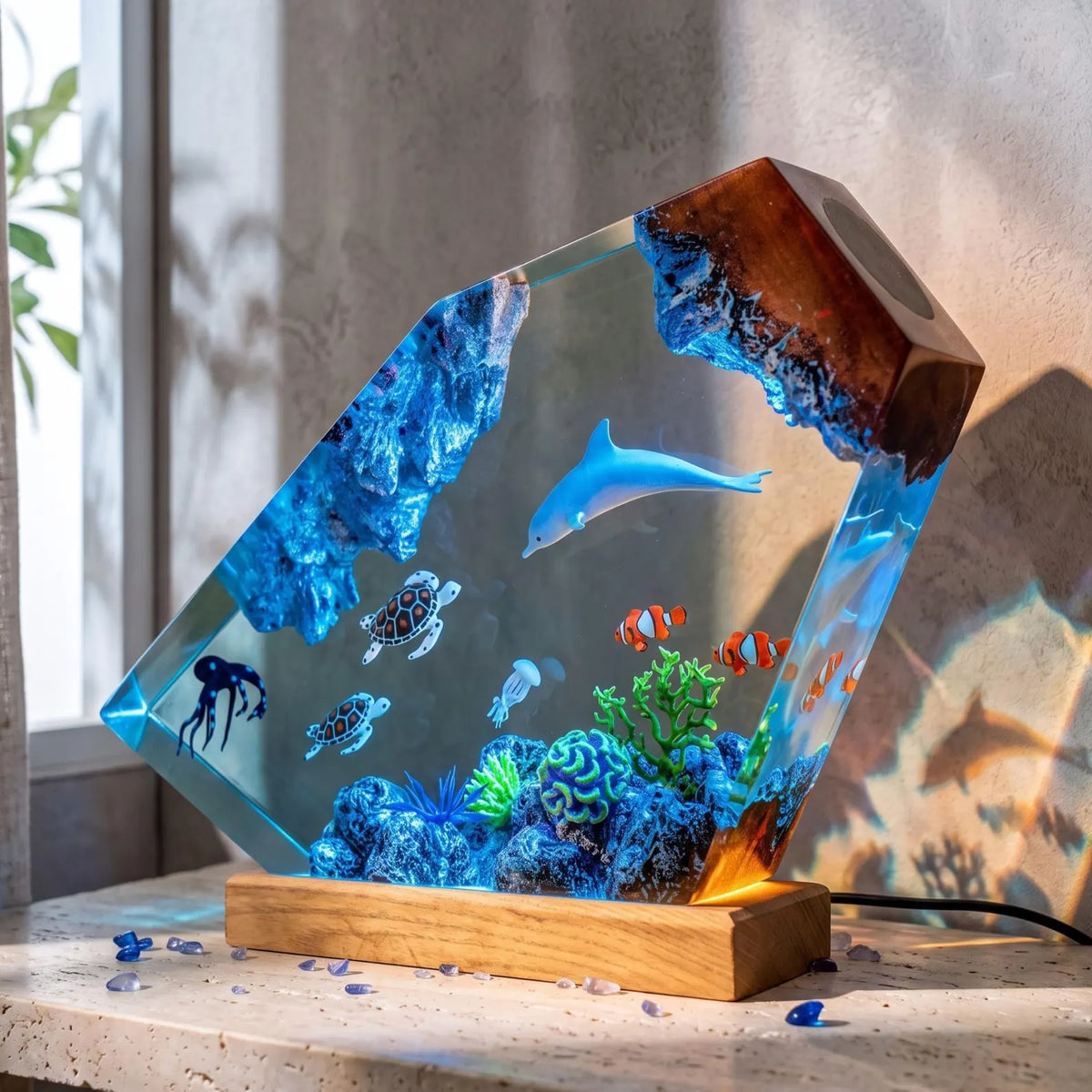 Dolphin Ocean Resin Lamp, Sea Turtle Octopus Night Light, Underwater Marine Life Decor