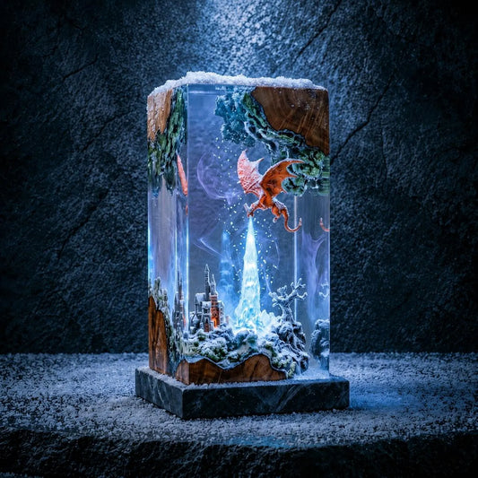 Ice and Fire Dragon Resin Lamp, Fantasy Castle Diorama, LED Night Light, Gamer Decor