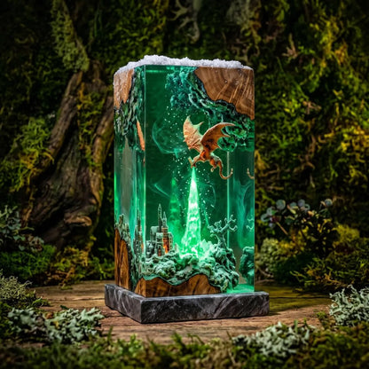 Ice and Fire Dragon Resin Lamp, Fantasy Castle Diorama, LED Night Light, Gamer Decor