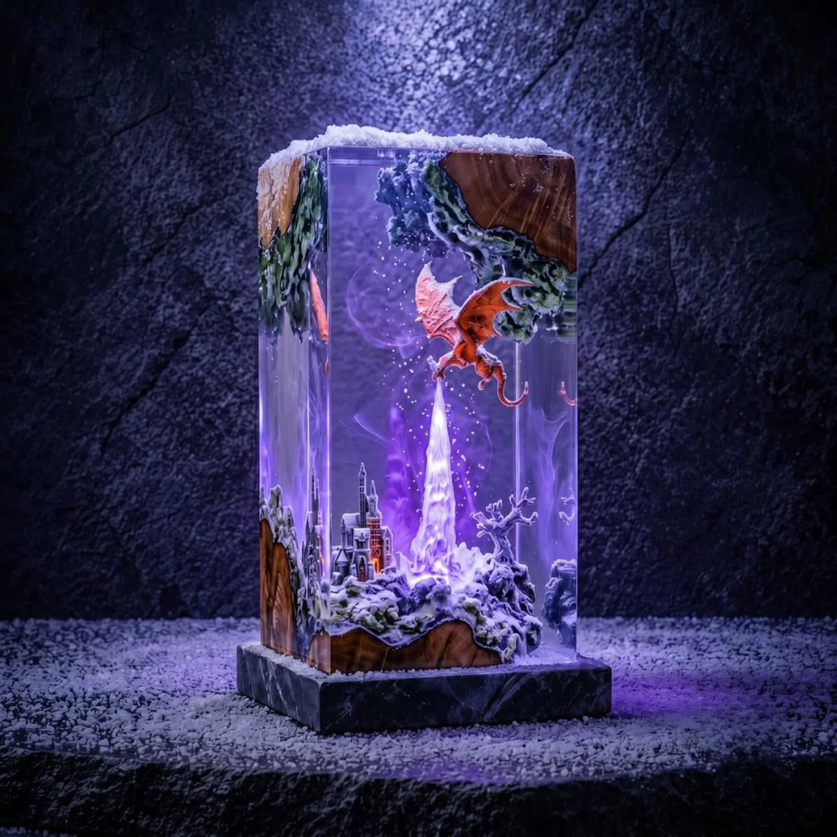 Ice and Fire Dragon Resin Lamp, Fantasy Castle Diorama, LED Night Light, Gamer Decor