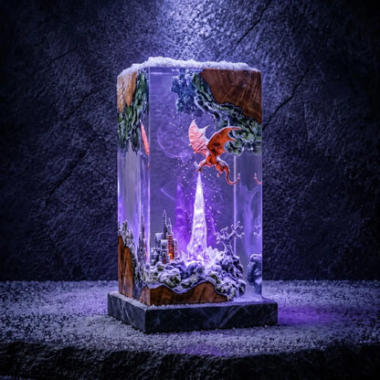 Ice and Fire Dragon Resin Lamp, Fantasy Castle Diorama, LED Night Light, Gamer Decor