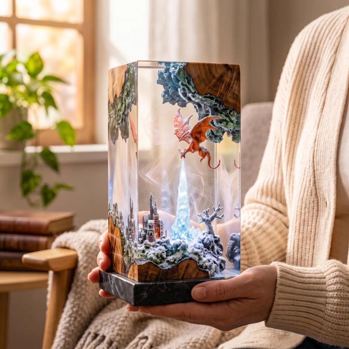 Ice and Fire Dragon Resin Lamp, Fantasy Castle Diorama, LED Night Light, Gamer Decor