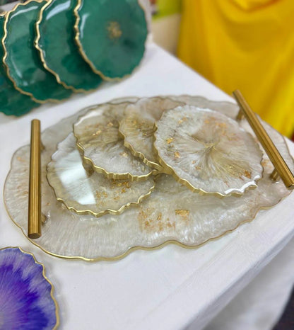 Pearl Geode Resin Tray, Gold Accent Serving Tray with Four Handmade Coaster Set Decor