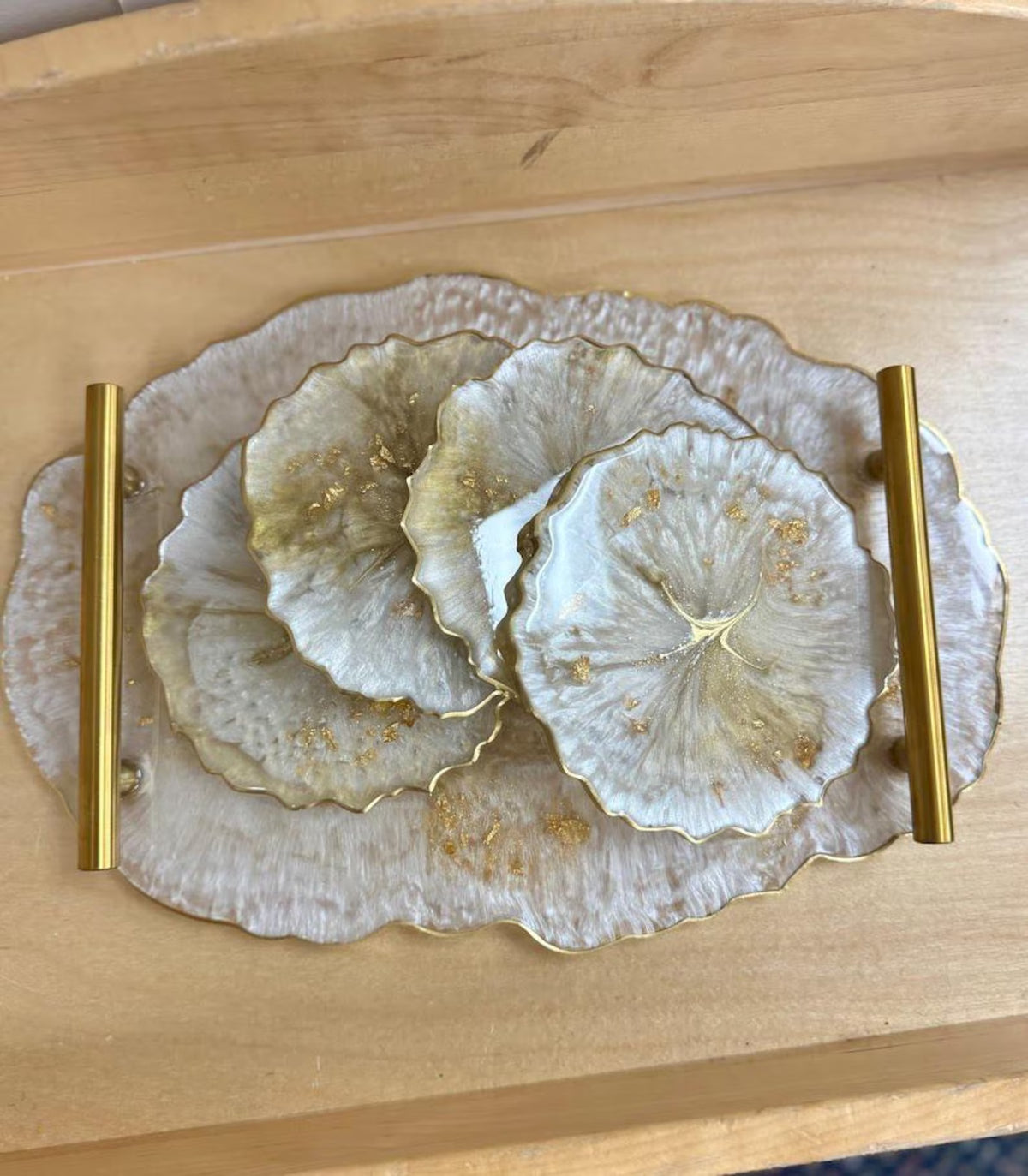 Pearl Geode Resin Tray, Gold Accent Serving Tray with Four Handmade Coaster Set Decor
