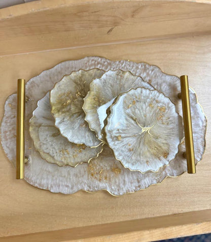 Pearl Geode Resin Tray, Gold Accent Serving Tray with Four Handmade Coaster Set Decor