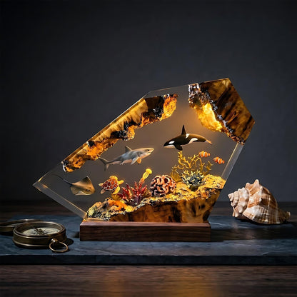 Orca Resin Lamp, Handmade Ocean Night Light, Sea Turtle and Great White Shark Decor