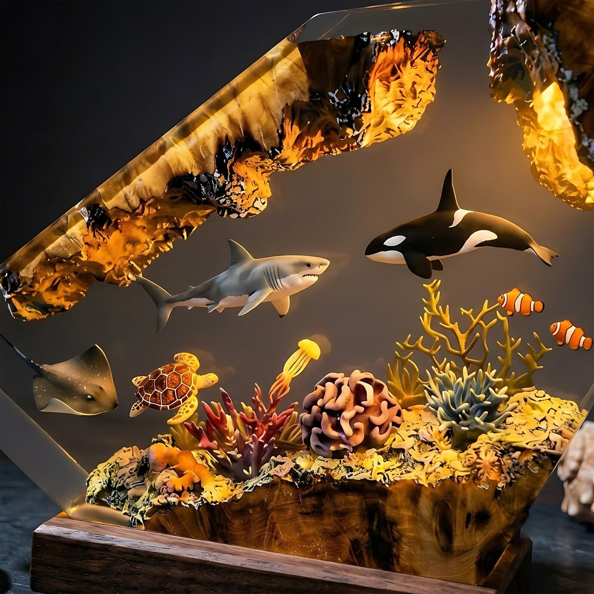 Orca Resin Lamp, Handmade Ocean Night Light, Sea Turtle and Great White Shark Decor