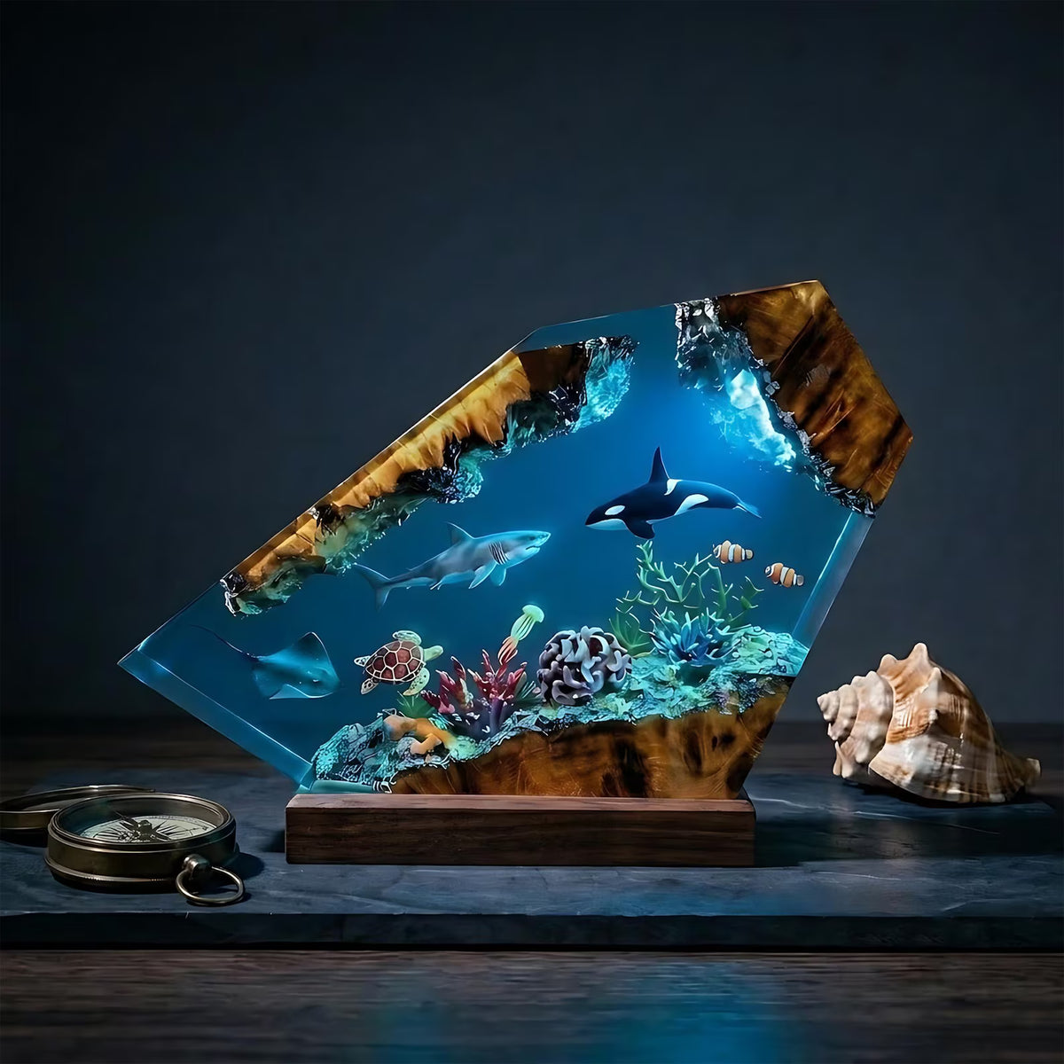 Orca Resin Lamp, Handmade Ocean Night Light, Sea Turtle and Great White Shark Decor