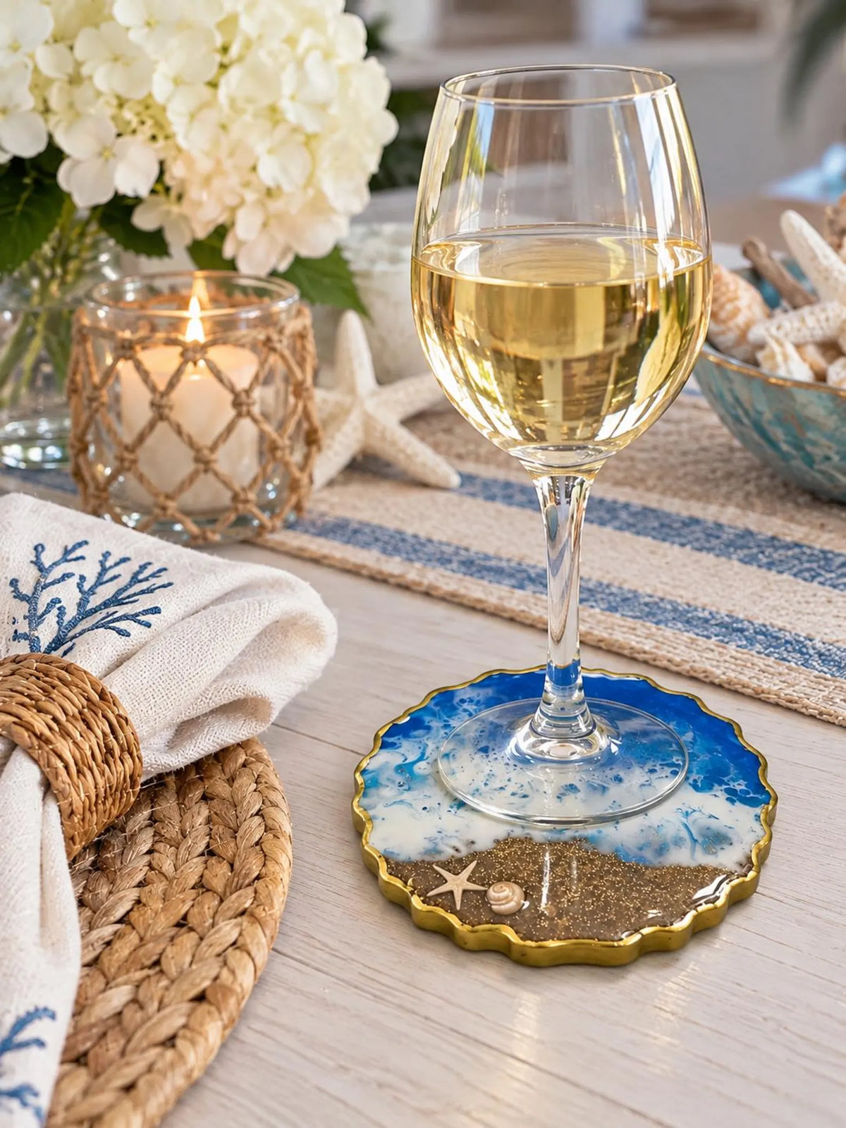 Handmade Ocean Geode Resin Coasters Set of 4, Beach Inspired Coastal Home Decor Accent