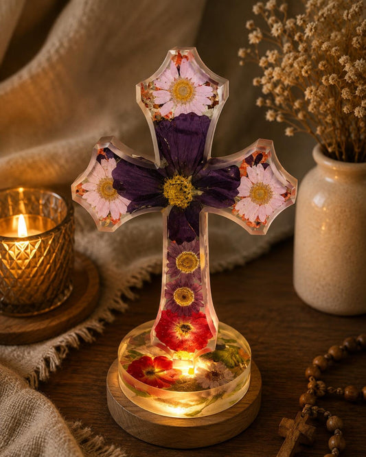 Handmade Flower Resin Cross Light, Floral Christian Decor, Faith Inspired Wall Art, Religious Home Accent