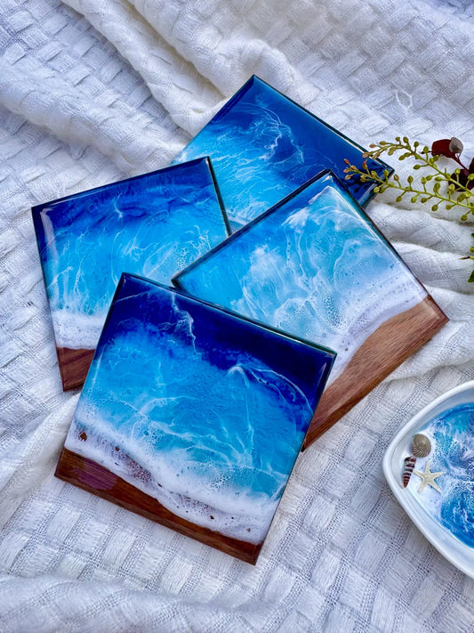 Walnut Ocean Coaster Set, Handmade Resin Beach Coasters, Wood Coastal Home Decor, Set of Four