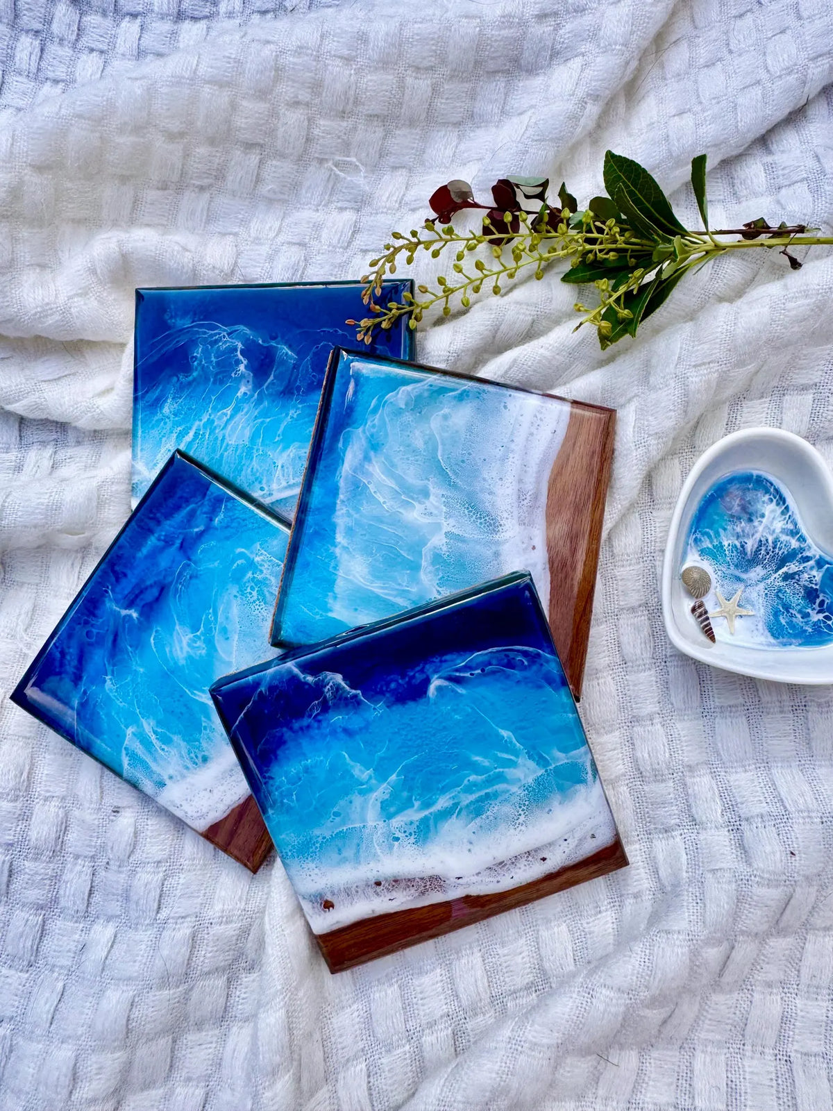 Walnut Ocean Coaster Set, Handmade Resin Beach Coasters, Wood Coastal Home Decor, Set of Four