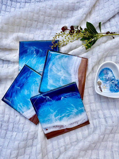 Walnut Ocean Coaster Set, Handmade Resin Beach Coasters, Wood Coastal Home Decor, Set of Four