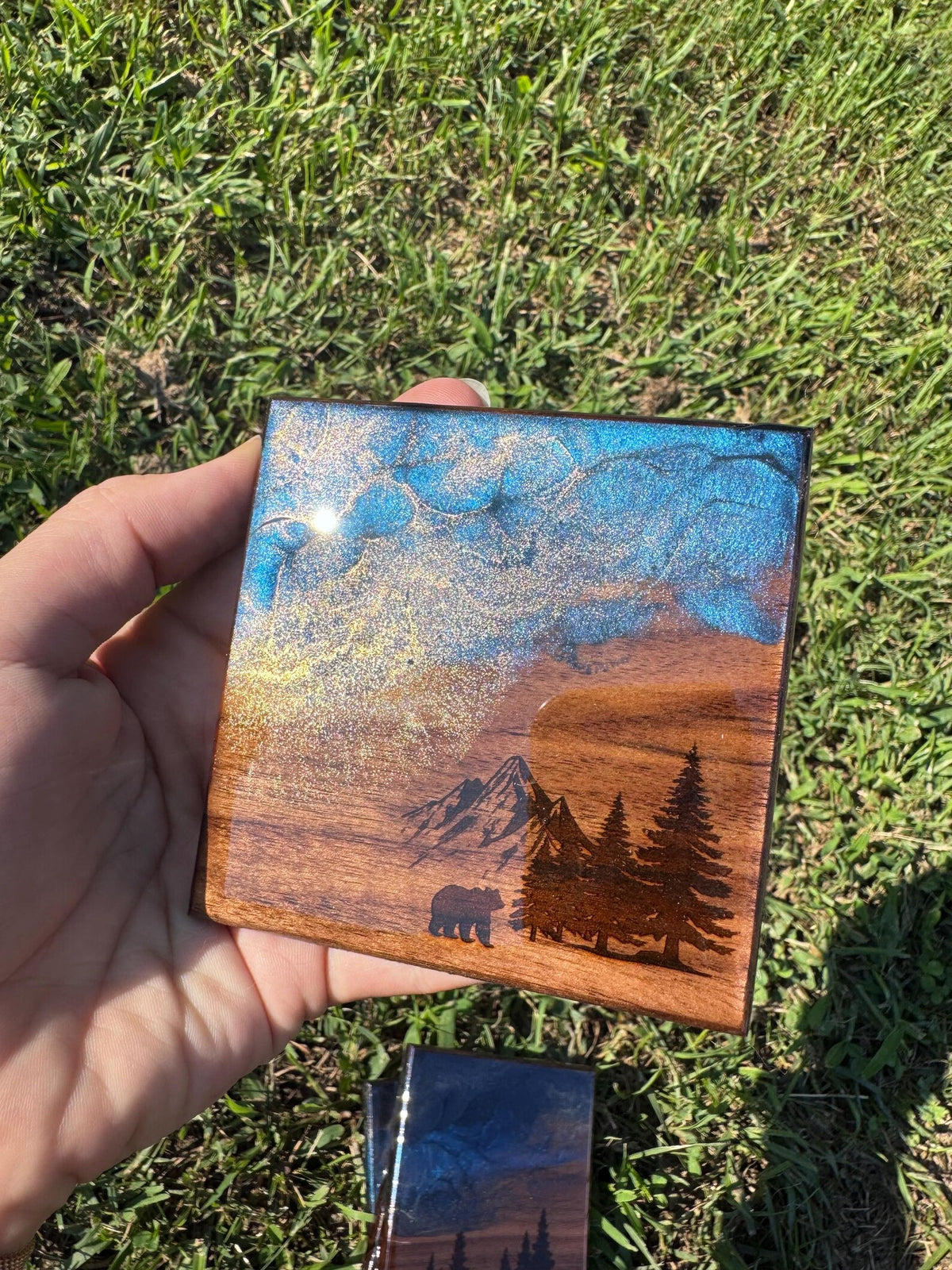 Mountain Resin Wood Coaster Set, Bear Pine Tree Design, Rustic Cabin Home Decor, Lake House