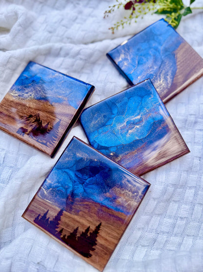 Mountain Resin Wood Coaster Set, Bear Pine Tree Design, Rustic Cabin Home Decor, Lake House