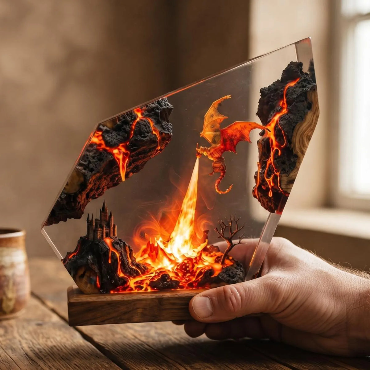 Fire Breathing Dragon Resin Lamp, Volcano Epoxy Night Light, Mythical Creature Fantasy Desk Decor