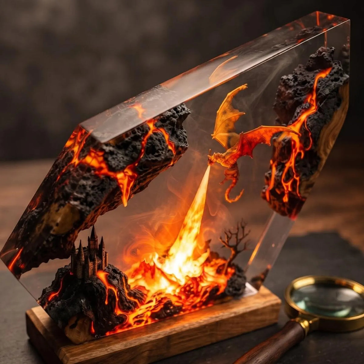 Fire Breathing Dragon Resin Lamp, Volcano Epoxy Night Light, Mythical Creature Fantasy Desk Decor