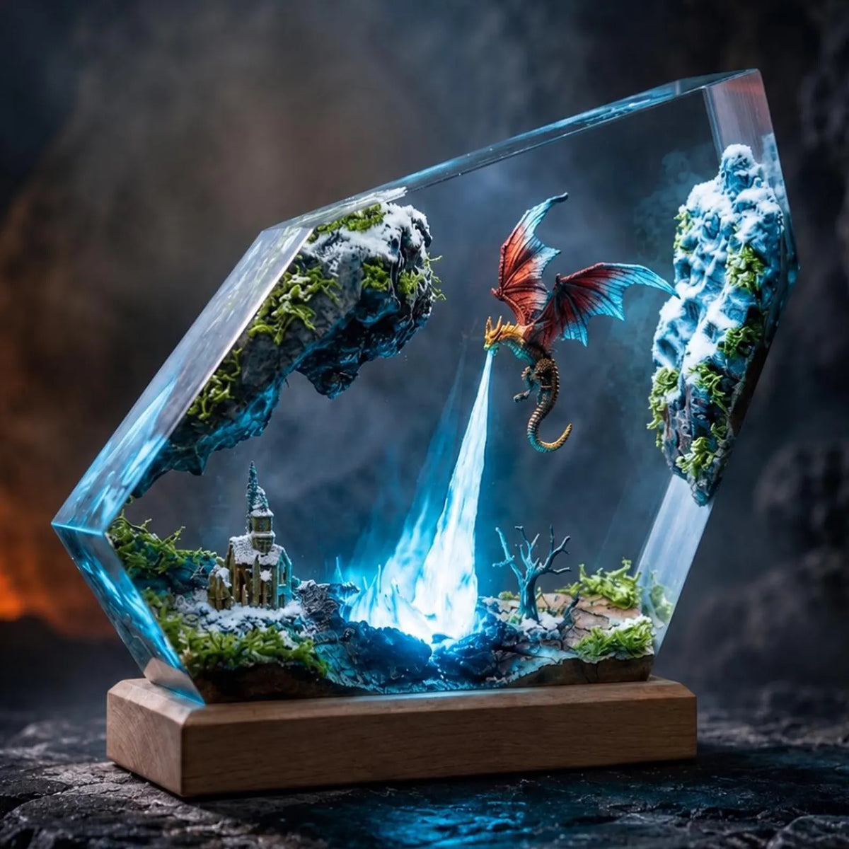 Ice Dragon Resin Lamp, Winter Castle Diorama, Fantasy Night Light, DND Gamer Desk Decor
