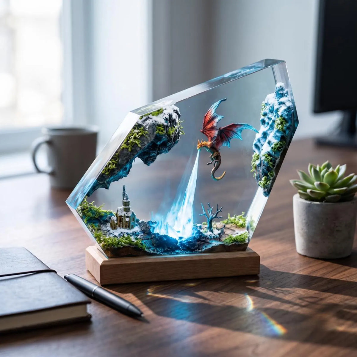 Ice Dragon Resin Lamp, Winter Castle Diorama, Fantasy Night Light, DND Gamer Desk Decor