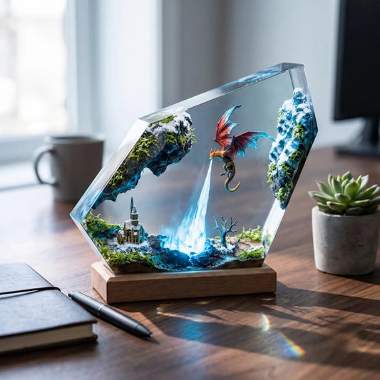 Ice Dragon Resin Lamp, Winter Castle Diorama, Fantasy Night Light, DND Gamer Desk Decor