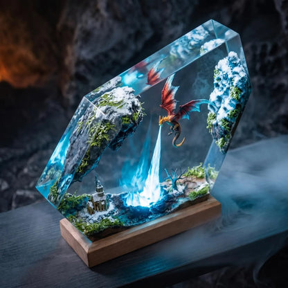 Ice Dragon Resin Lamp, Winter Castle Diorama, Fantasy Night Light, DND Gamer Desk Decor